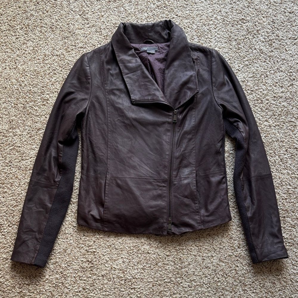 Vince Women’s Scuba Goat Leather Asymmetrical Moto Jacket Drape Collar Sz L